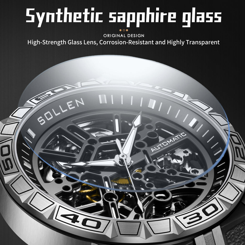 Sollen SL326 Men's Skeleton Automatic Mechanical Watch - 43mm 316L Stainless Steel Case Sapphire Crystal Multi-Layer Dial Leather-Pattern Silicone Strap Wristwatch