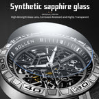 Sollen SL326 Men's Skeleton Automatic Mechanical Watch - 43mm 316L Stainless Steel Case Sapphire Crystal Multi-Layer Dial Leather-Pattern Silicone Strap Wristwatch
