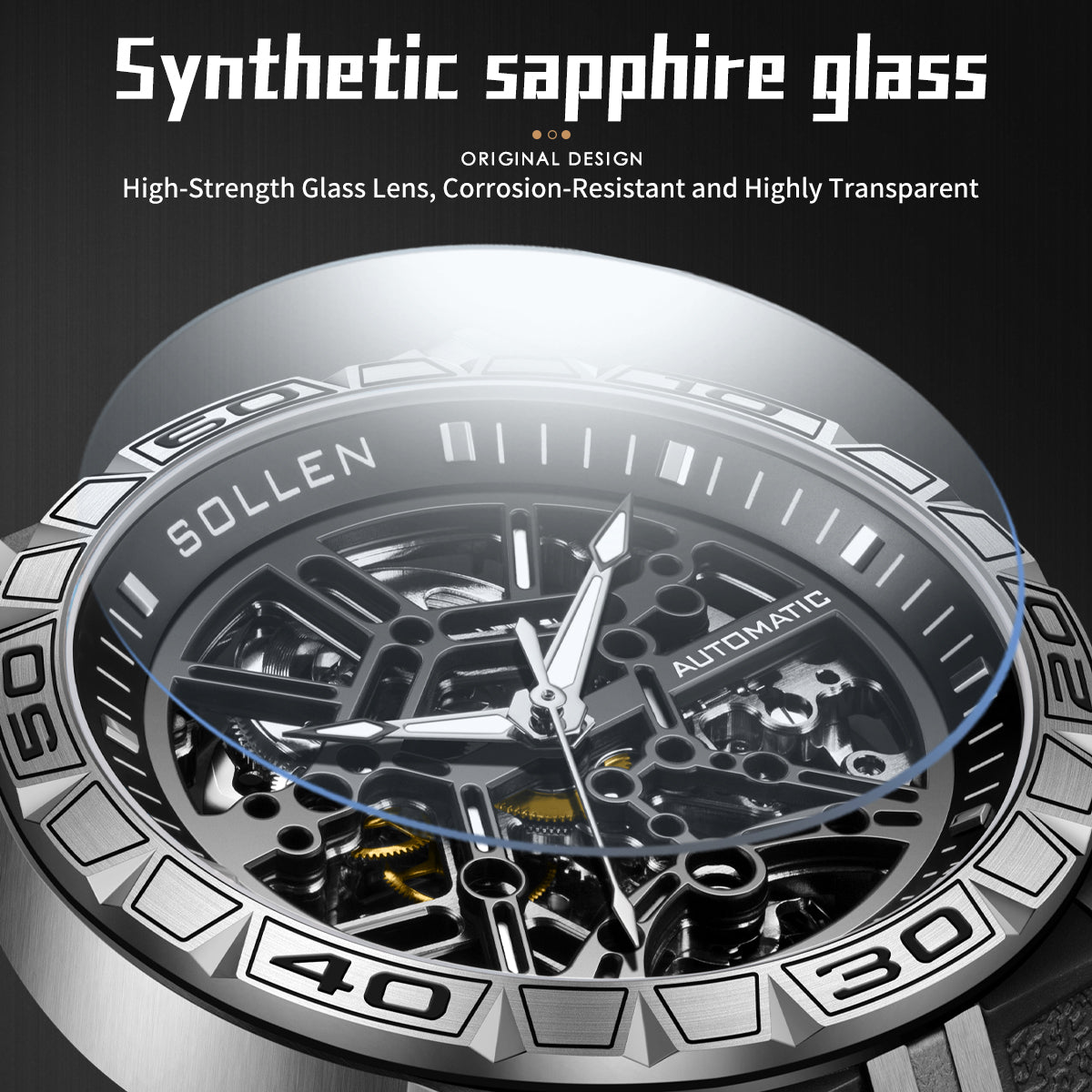 Sollen SL326 Men's Skeleton Automatic Mechanical Watch - 43mm 316L Stainless Steel Case Sapphire Crystal Multi-Layer Dial Leather-Pattern Silicone Strap Wristwatch
