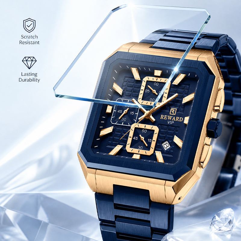 REWARD RD 813149M Quartz Watch - Live Edition Men's Luxury Octagonal Cushion Case Full Chronograph Luminous Hands Date Window Stainless Steel Band Wristwatch