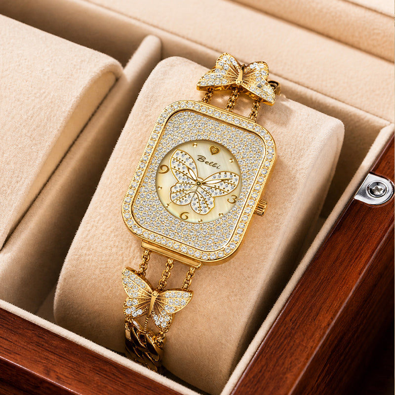 BELBI BL8214 Quartz Watch - Live Edition Luxury Full IPG Gold Crystal Pavé Butterfly Motif Mother-of-Pearl Dial Jewelry Bangle Bracelet Wristwatch