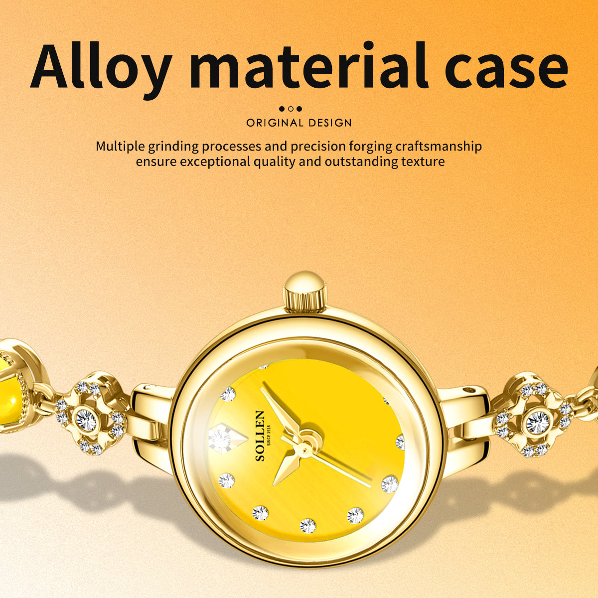 Sollen SL476 Quartz Watch - Women's Gold Yellow Chalcedony Jewelry Bracelet Genuine Diamond Wristwatch