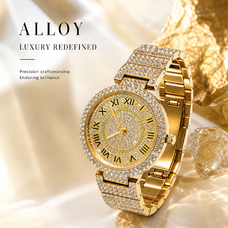 MISSFOX V377L Live Edition Men's Fully Iced Out Quartz Watch - 44mm Case Roman Numerals Pave Diamond Dial Coated Glass Metal Band Wristwatch