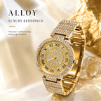 MISSFOX V377L Live Edition Men's Fully Iced Out Quartz Watch - 44mm Case Roman Numerals Pave Diamond Dial Coated Glass Metal Band Wristwatch