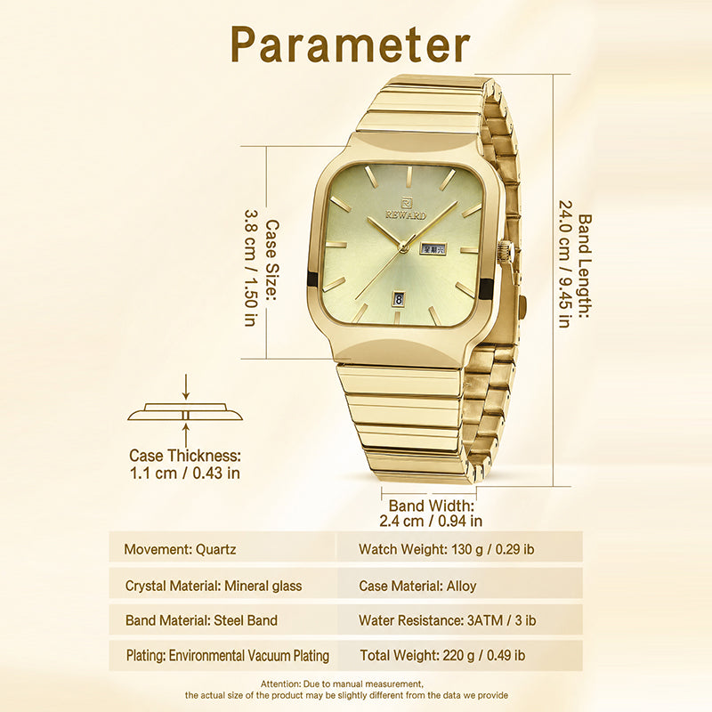REWARD RD 611264M Quartz Watch - Live Edition Men's Retro TV-Shaped Full IPG Gold Stainless Steel Band Separated Day-Date Sunburst Dial Wristwatch