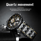 Sollen SL207 Men's Slim Quartz Watch - 39mm Faceted Ceramic & Stainless Steel Case Open Skeleton Dial Bracelet Wristwatch