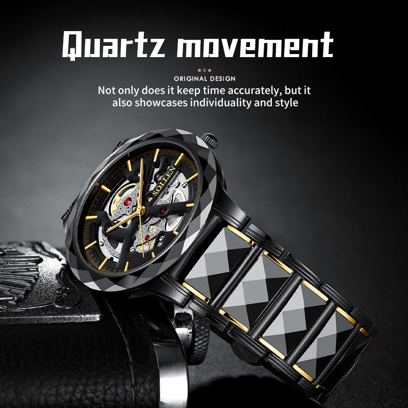 Sollen SL207 Men's Slim Quartz Watch - 39mm Faceted Ceramic & Stainless Steel Case Open Skeleton Dial Bracelet Wristwatch