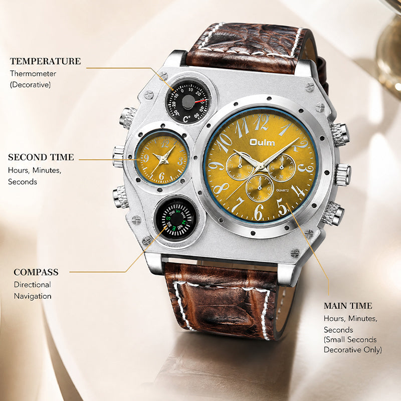 Oulm HP1349 Quartz Watch - Live Edition Men's Heavy Steampunk Dual Time Zone Industrial Matte Case Luminous Hands Compass Wide Leather Strap Tactical Wristwatch