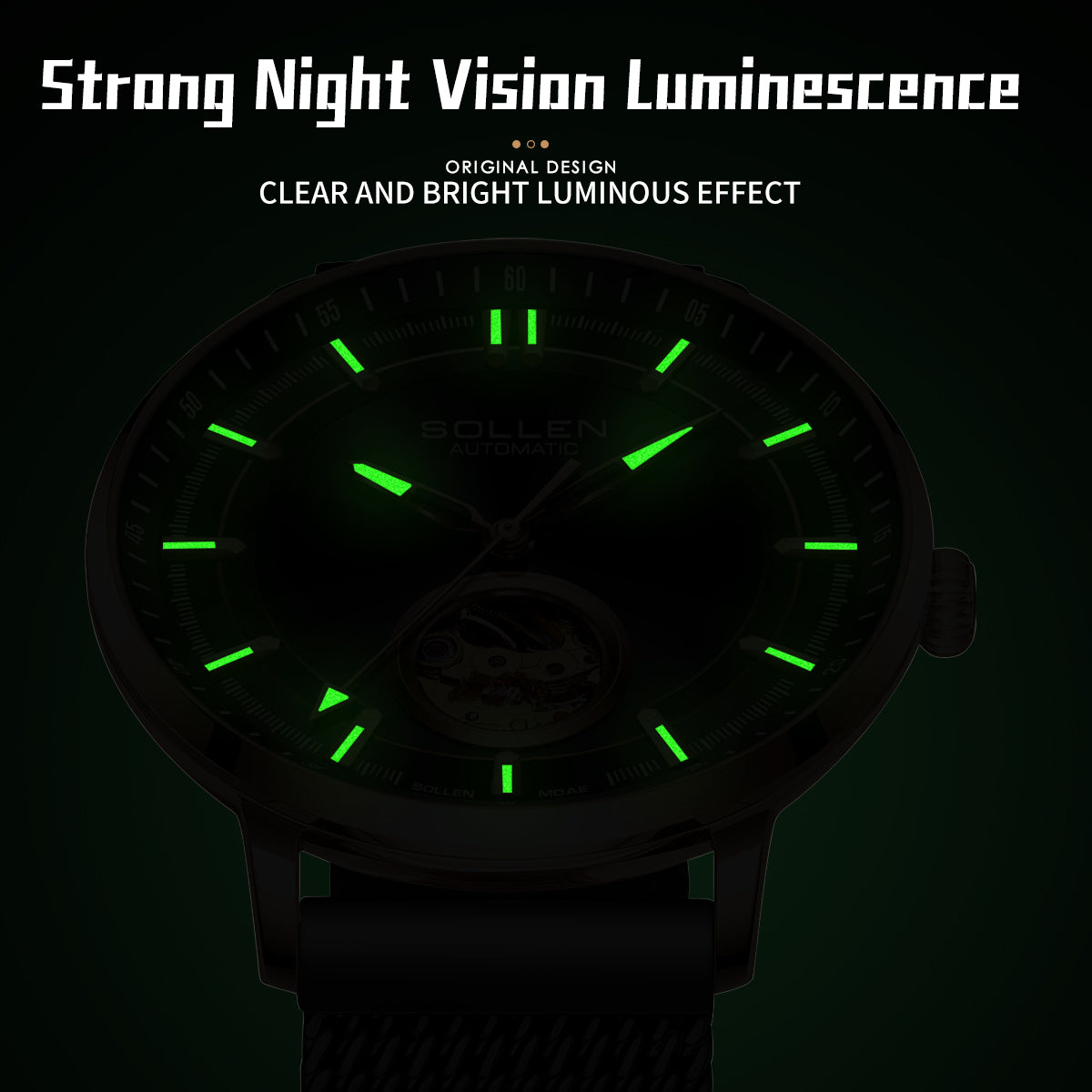 Sollen SL360 Men's Open Heart Automatic Mechanical Watch - 42mm Stainless Steel Case Slim 9.9mm Miyota Movement Luminous Markers Mesh Bracelet Wristwatch