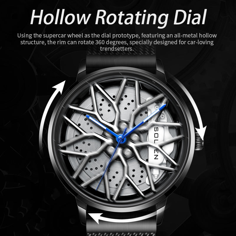 Sollen SL358 Men's 3D Rotating Wheel Rim Quartz Watch - 42.5mm Stainless Steel Case Racing Car Caliper Dial Mesh Bracelet Wristwatch