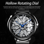 Sollen SL358 Men's 3D Rotating Wheel Rim Quartz Watch - 42.5mm Stainless Steel Case Racing Car Caliper Dial Mesh Bracelet Wristwatch