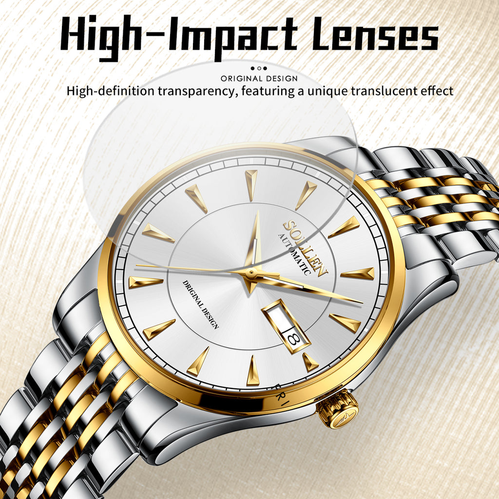 Sollen 9031 Automatic Watch - Men's Sunray Dial Luminous Markers 9-Bead Stainless Steel Bracelet Wristwatch