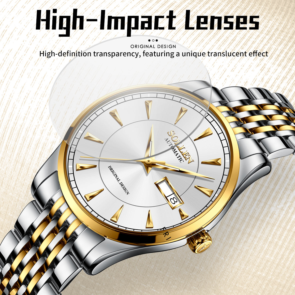 Sollen 9031 Automatic Watch - Men's Sunray Dial Luminous Markers 9-Bead Stainless Steel Bracelet Wristwatch