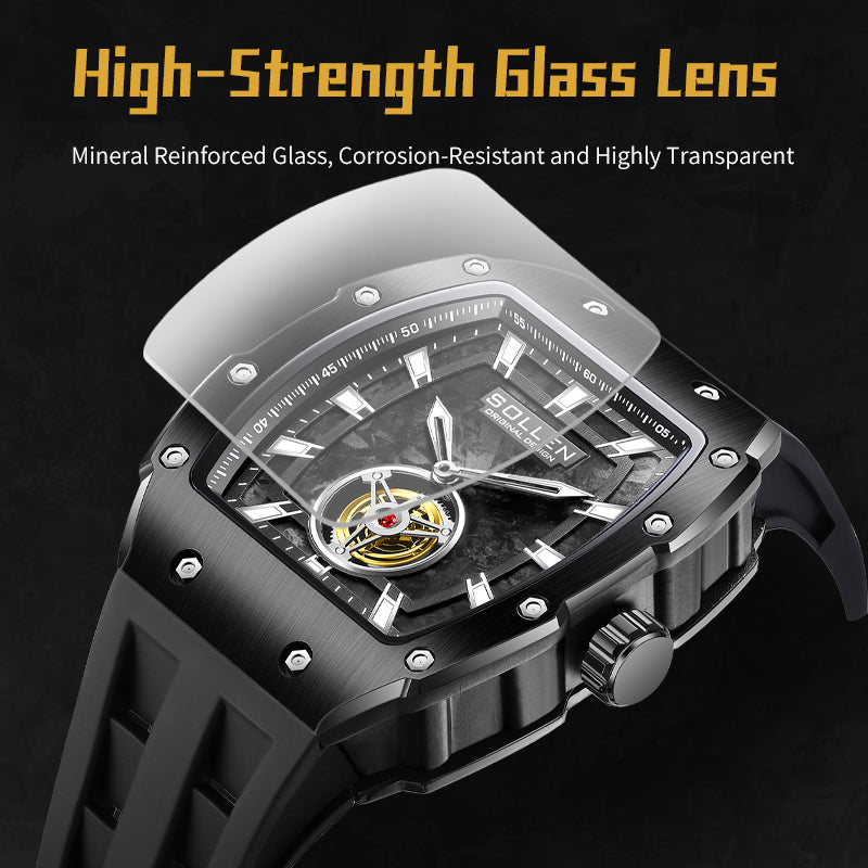Sollen SL727 Quartz Watch - Men's Tonneau Case 3D Textured Dial Performance Silicone Strap Wristwatch