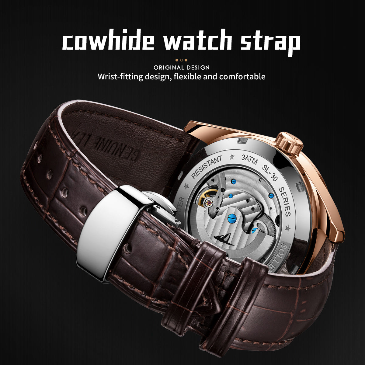 Sollen SL329 Men's Open Heart Automatic Mechanical Watch - 41mm Stainless Steel Case Moon Phase Celestial Dial Leather Strap Wristwatch