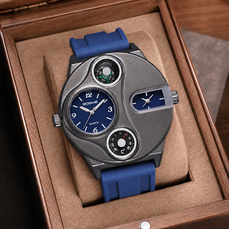 BOSME HP9167 Quartz Watch - Live Edition Men's Heavy Steampunk Dual Time Zone Industrial Black Case Luminous Hands Compass Silicone Strap Tactical Wristwatch
