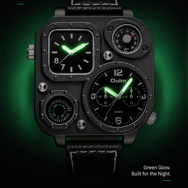 Oulm HP1169 Quartz Watch - Live Edition Men's Heavy Steampunk Dual Time Zone Industrial Black Case Luminous Hands Compass Leather Strap Tactical Wristwatch