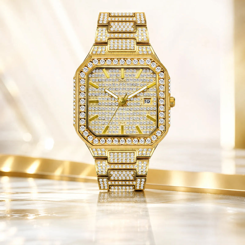 BELBI BELBL-8223 Live Edition Men's Iced Out Watch - Luxury Full Crystals Encrusted Octagonal Case Pave Dial Date Window Metal Band Hiphop Wristwatch