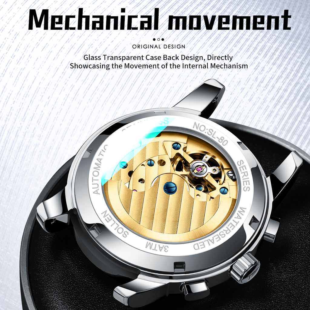 Sollen SL801 Chronograph Watch - Men's Multi-Function Moonphase Sunburst Dial 7-Bead Stainless Steel Bracelet Wristwatch