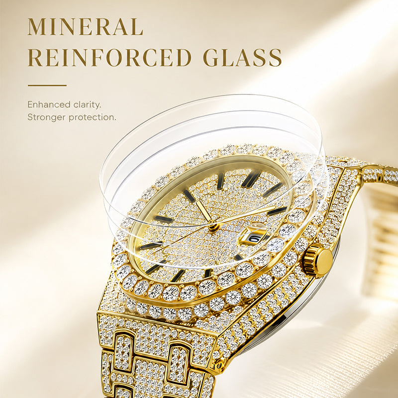 PRECIOUS 8243 Live Edition Men's Iced Out Watch - Luxury Large Crystal Bezel Pave Dial Date Window Metal Band Hiphop Sport Wristwatch