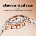 Sollen SL402 Women's Skeleton Automatic Mechanical Watch - 32.5mm Crystal Bezel Mother of Pearl Dial Ceramic Stainless Steel Bracelet Wristwatch
