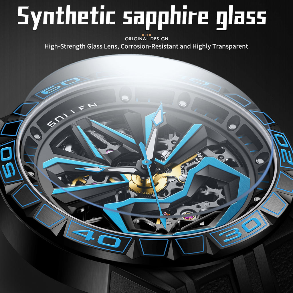 Sollen SL328 Men's Skeleton Automatic Mechanical Watch - 43mm 316L Stainless Steel Case Sapphire Crystal Multi-Layer Dial Leather-Pattern Silicone Strap Wristwatch