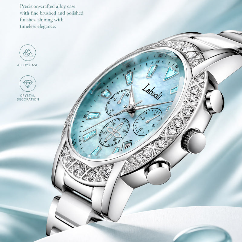 Labaoli LA559 Quartz Watch - Live Edition Women's Luxury 37mm Crystal-Encrusted Bezel Diamond-Cut Lens Chronograph Style Dial Slanted Date Two-Tone Link Bracelet Wristwatch