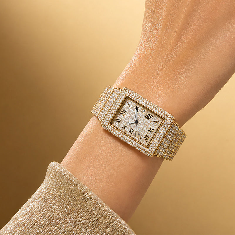 KDW KDW8315L Quartz Watch - Live Edition Women's Luxury 46mm Full Iced-Out Crystal Pavé Square Case Roman Numeral Day-Date Luminous Hands Fully Encrusted Link Bracelet Wristwatch