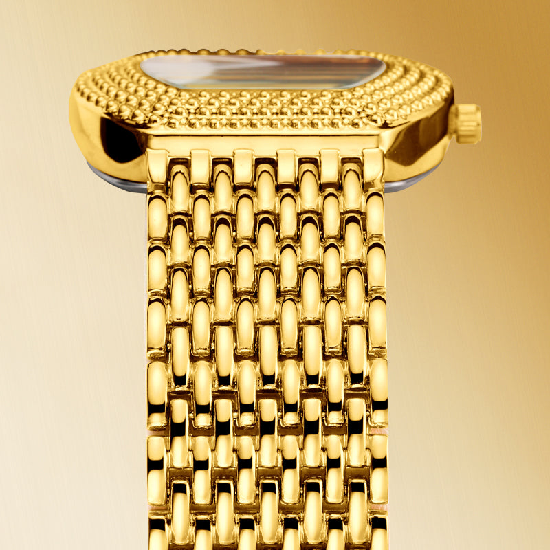 LX1023 Quartz Watch - Live Edition Unisex Luxury 41mm Tonneau Arched Bridge Glass Mirror Pavé Crystal Texture Gold Case Sunburst Dial Luminous Hands Steel Link Bracelet Wristwatch