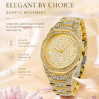 BELBI BELBL-8138 Live Edition Men's Iced Out Watch - Luxury Full Crystals Encrusted Geometric Bezel Pave Gold Dial Metal Band Hiphop Wristwatch