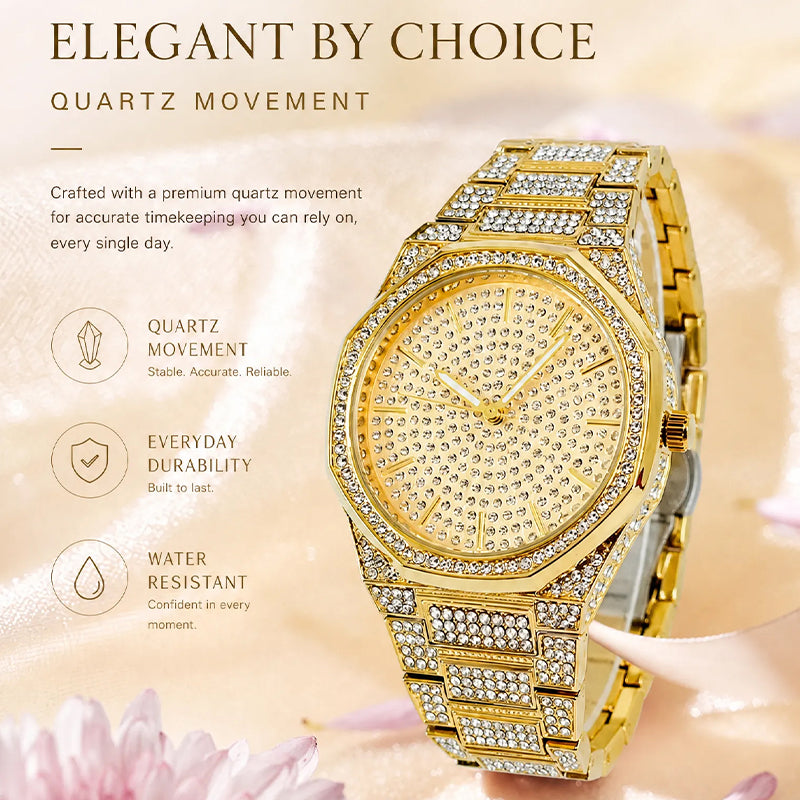 BELBI BELBL-8138 Live Edition Men's Iced Out Watch - Luxury Full Crystals Encrusted Geometric Bezel Pave Gold Dial Metal Band Hiphop Wristwatch