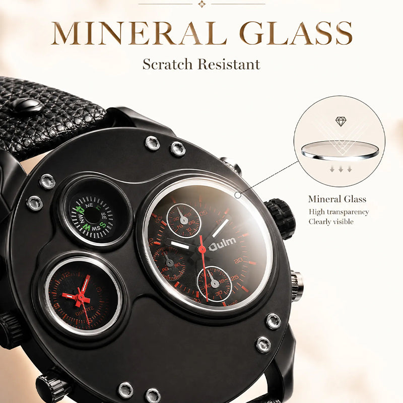 Oulm HP3741 Live Edition Men's Tactical Watch - Cyberpunk Multi Time Zone Dual Movement Oversized Round Armor Case with Built-in Compass Sport Wristwatch