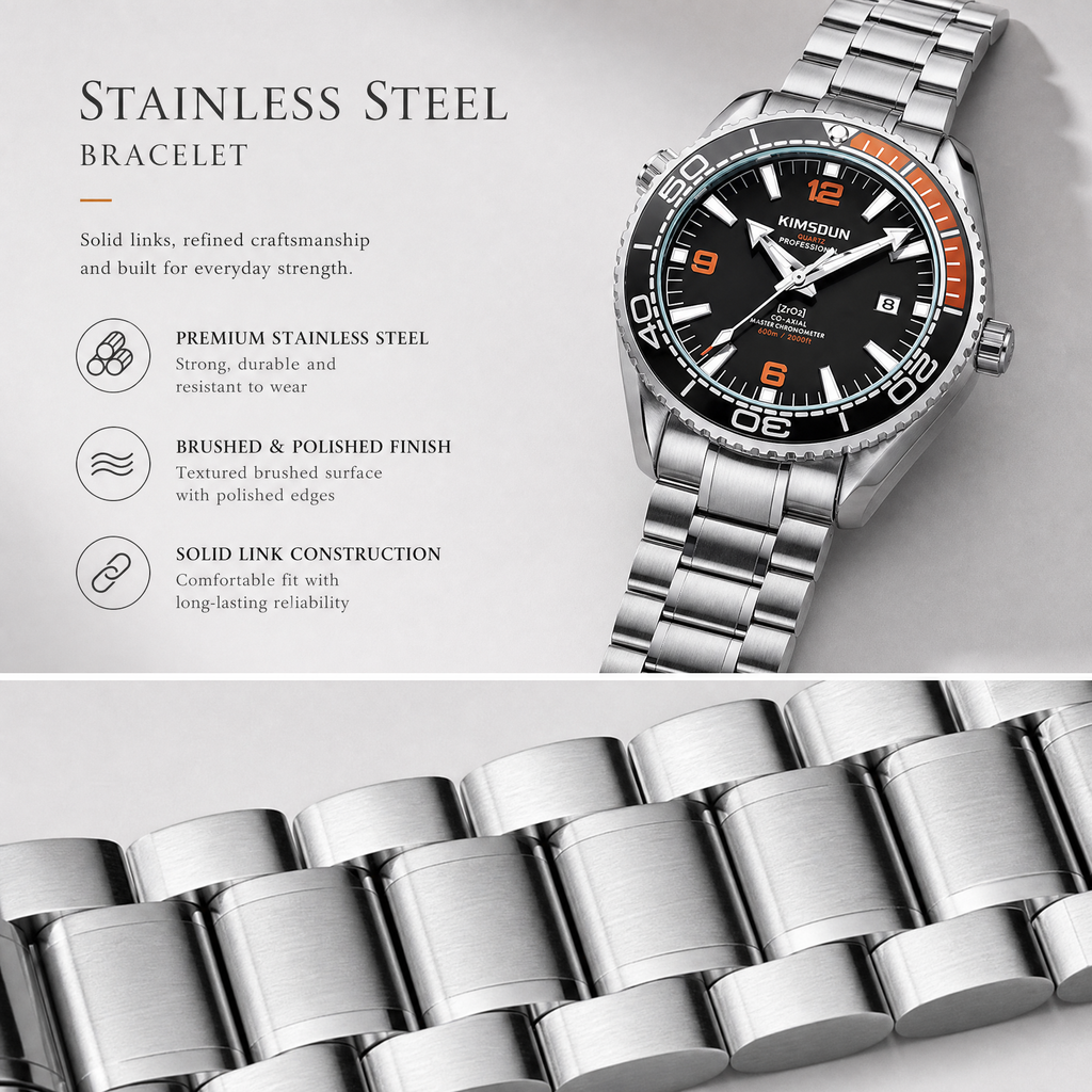 JEMSDUN JSD1803 Live Edition Men's Planet Ocean Style Diver Quartz Watch - 44mm Silver Case Orange & Black Bezel Luminous Dial 3H Date Metal Band Wristwatch