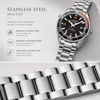 JEMSDUN JSD1803 Live Edition Men's Planet Ocean Style Diver Quartz Watch - 44mm Silver Case Orange & Black Bezel Luminous Dial 3H Date Metal Band Wristwatch