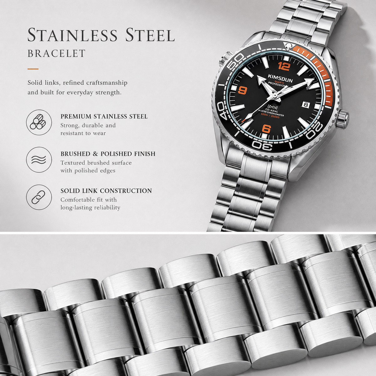 JEMSDUN JSD1803 Live Edition Men's Planet Ocean Style Diver Quartz Watch - 44mm Silver Case Orange & Black Bezel Luminous Dial 3H Date Metal Band Wristwatch