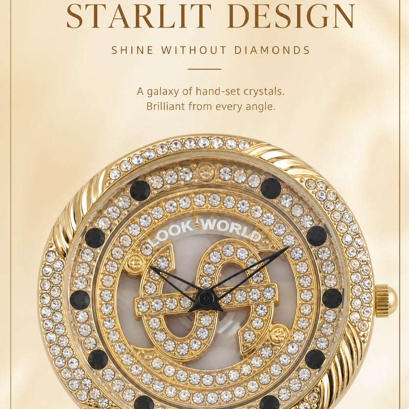 LOOK WORLD RKS257 Live Edition Men's Iced Out Watch - Luxury Full Crystals Encrusted Round Case Creative Spinning Dollar Sign Dial Metal Band Hiphop Wristwatch