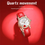 Sollen SL456 Quartz Watch - Women's Genuine Leather Round Wristwatch with Floating Heart Charms
