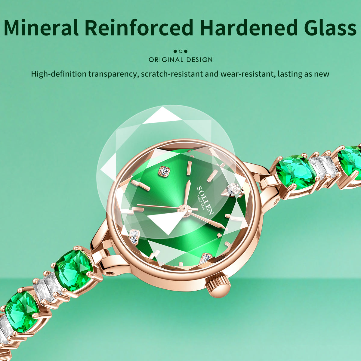 Sollen SL478 Quartz Watch - Women's Rose Gold Ice Green Dial Prismatic Glass Jewelry Bracelet Wristwatch