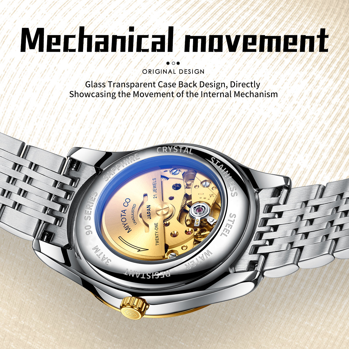 Sollen 9052 Automatic Watch - Men's Dress 8 Crystal Accent 8 Faceted Marker 7-Bead Stainless Steel Bracelet Wristwatch