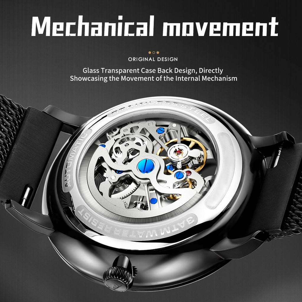 Sollen SL317 Men's Skeleton Dragon Automatic Mechanical Watch - 42mm Stainless Steel Case Slim 9.9mm Open Heart Mesh Bracelet Wristwatch