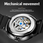 Sollen SL317 Men's Skeleton Dragon Automatic Mechanical Watch - 42mm Stainless Steel Case Slim 9.9mm Open Heart Mesh Bracelet Wristwatch