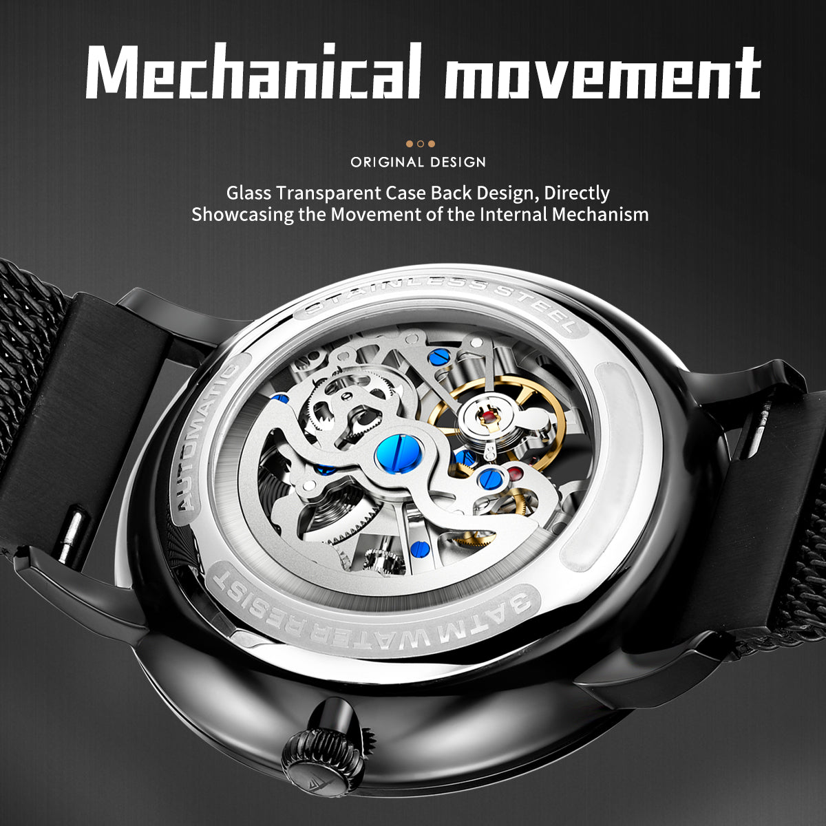 Sollen SL317 Men's Skeleton Dragon Automatic Mechanical Watch - 42mm Stainless Steel Case Slim 9.9mm Open Heart Mesh Bracelet Wristwatch
