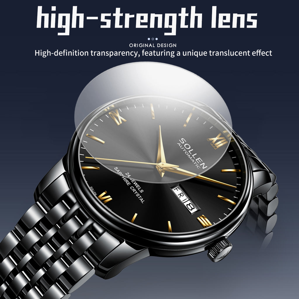 Sollen 9020 Automatic Watch - Men's Dual Calendar Sunray Dial Executive Stainless Steel Bracelet or Genuine Leather Strap Wristwatch