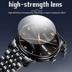 Sollen 9020 Automatic Watch - Men's Dual Calendar Sunray Dial Executive Stainless Steel Bracelet or Genuine Leather Strap Wristwatch