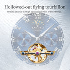 Sollen SL804 Multi-Function Watch - Men's Open-Heart Moonphase Sunburst Dial 7-Bead Stainless Steel Bracelet Wristwatch
