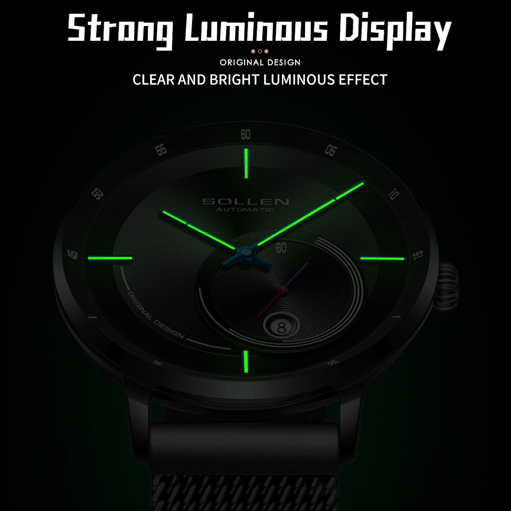 Sollen SL309 Men's Minimalist Automatic Mechanical Watch - 42mm Stainless Steel Case Slim 9.9mm Small Seconds Date Window Mesh Bracelet Wristwatch
