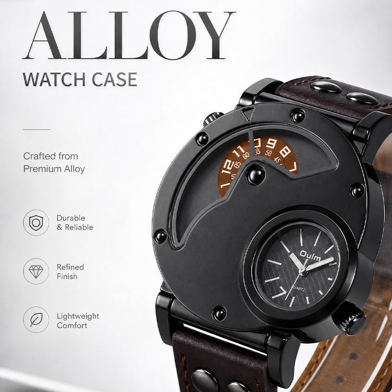 Oulm HP9591 Quartz Watch - Live Edition Men's Heavy Steampunk Dual Time Zone Industrial Black Case Luminous Hands Wide Leather Strap Tactical Wristwatch