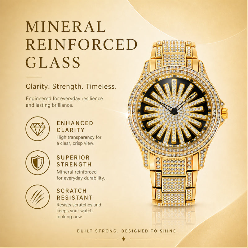LOOK WORLD RKS1006 Live Edition Men's Iced Out Watch - Luxury Full Crystals Encrusted Bold Case Creative Spinning Sunburst Dial Metal Band Hiphop Wristwatch
