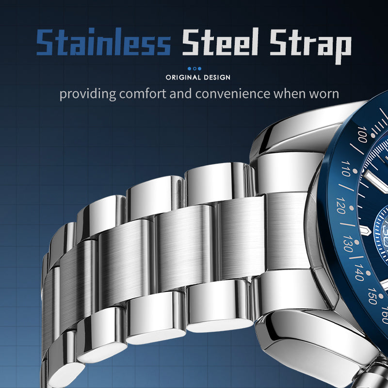 Sollen SL726 Chronograph Watch - Men's Multi-Function Stainless Steel Link Bracelet Wristwatch