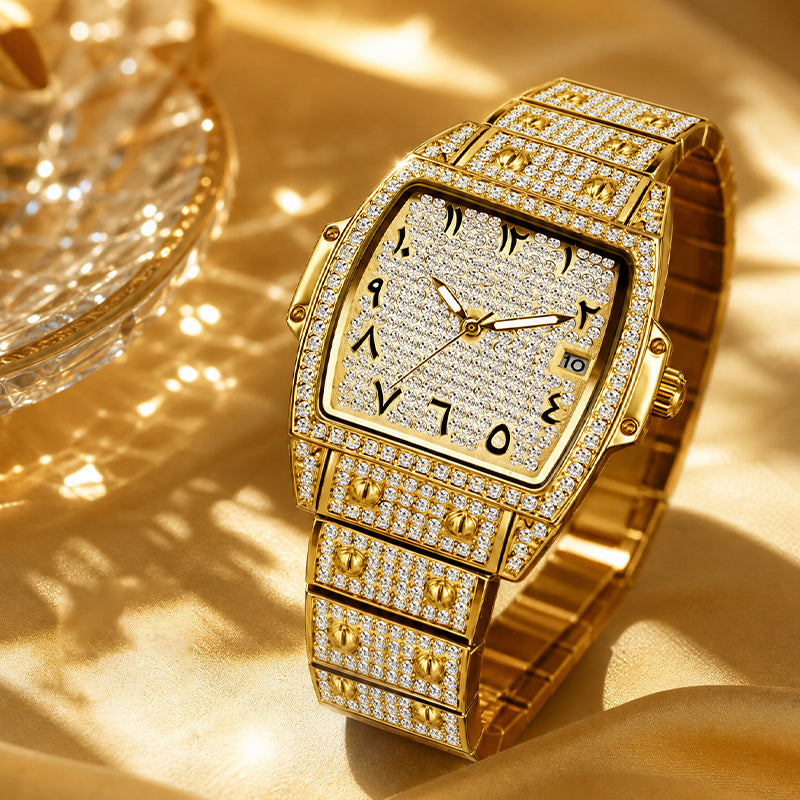 BELBI BELBL-8246 Live Edition Men's Iced Out Watch - Luxury Full Crystals Encrusted Tonneau Case Pave Dial Eastern Arabic Numerals 3H Date Metal Band Hiphop Wristwatch